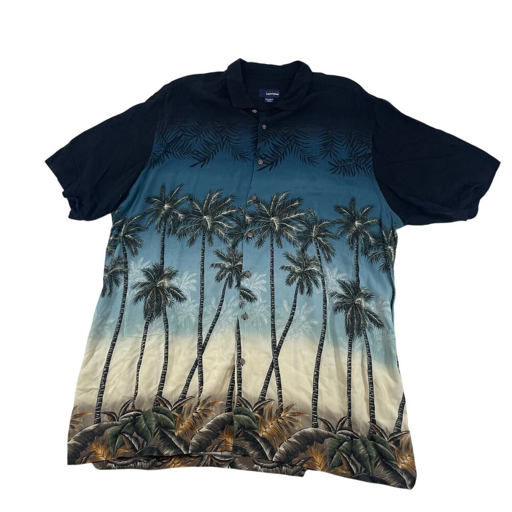 Basic Editions Vintage Palm Tree Beach Hawaiian Shirt Blue Black 2XLT Tall Men's